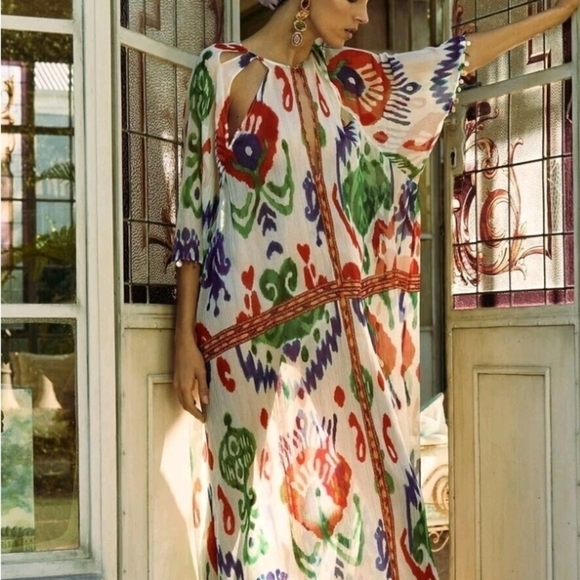 Zara Long Beaded Print Kimono Kaftan Sheer Colorful Beach Coverup Xs - Picture 2 of 9